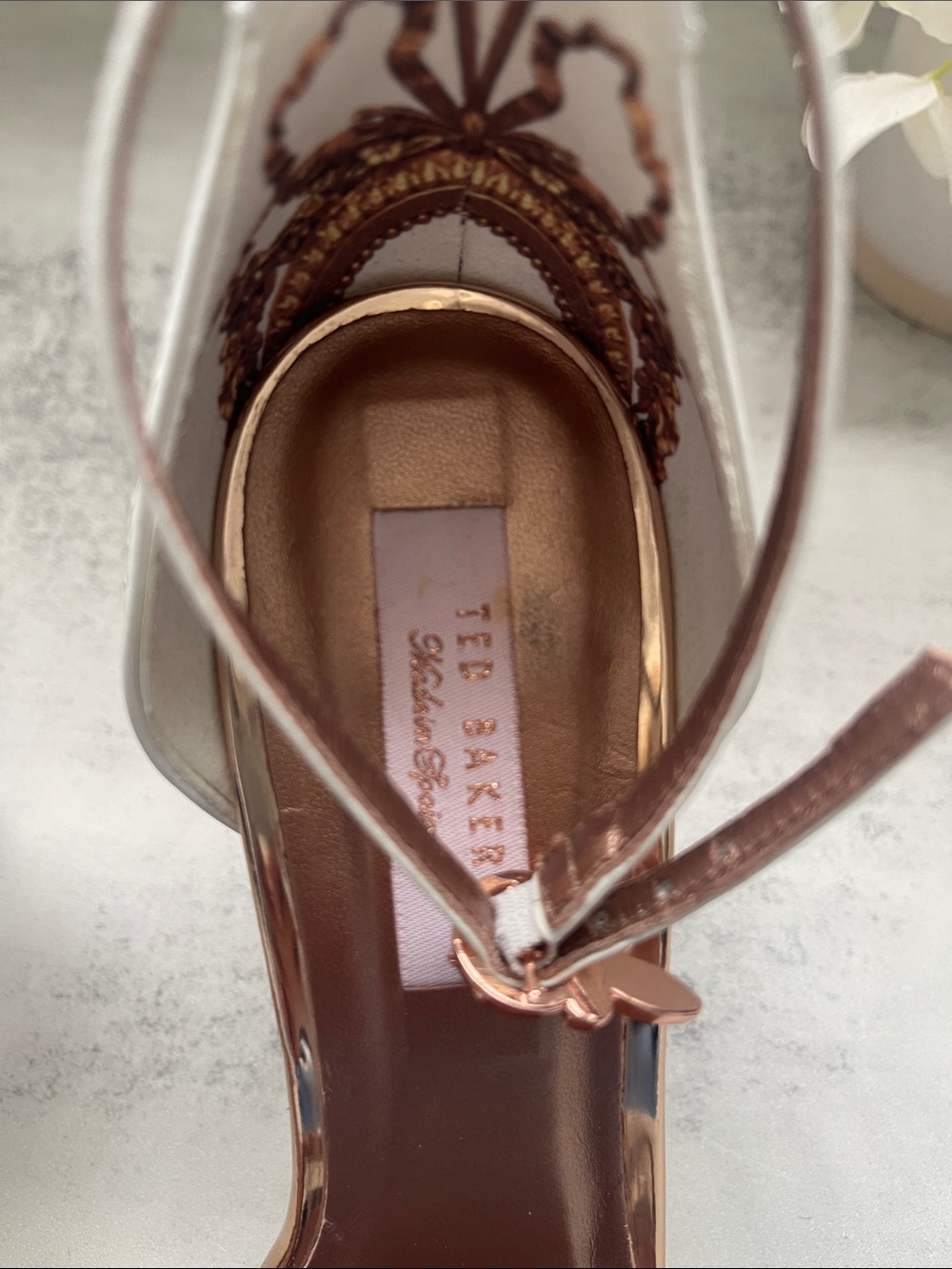 Ted Baker Cimaa Ivory and Rose Gold Laser Cut Floral Stiletto Heeled Sandal - Picture 10 of 10